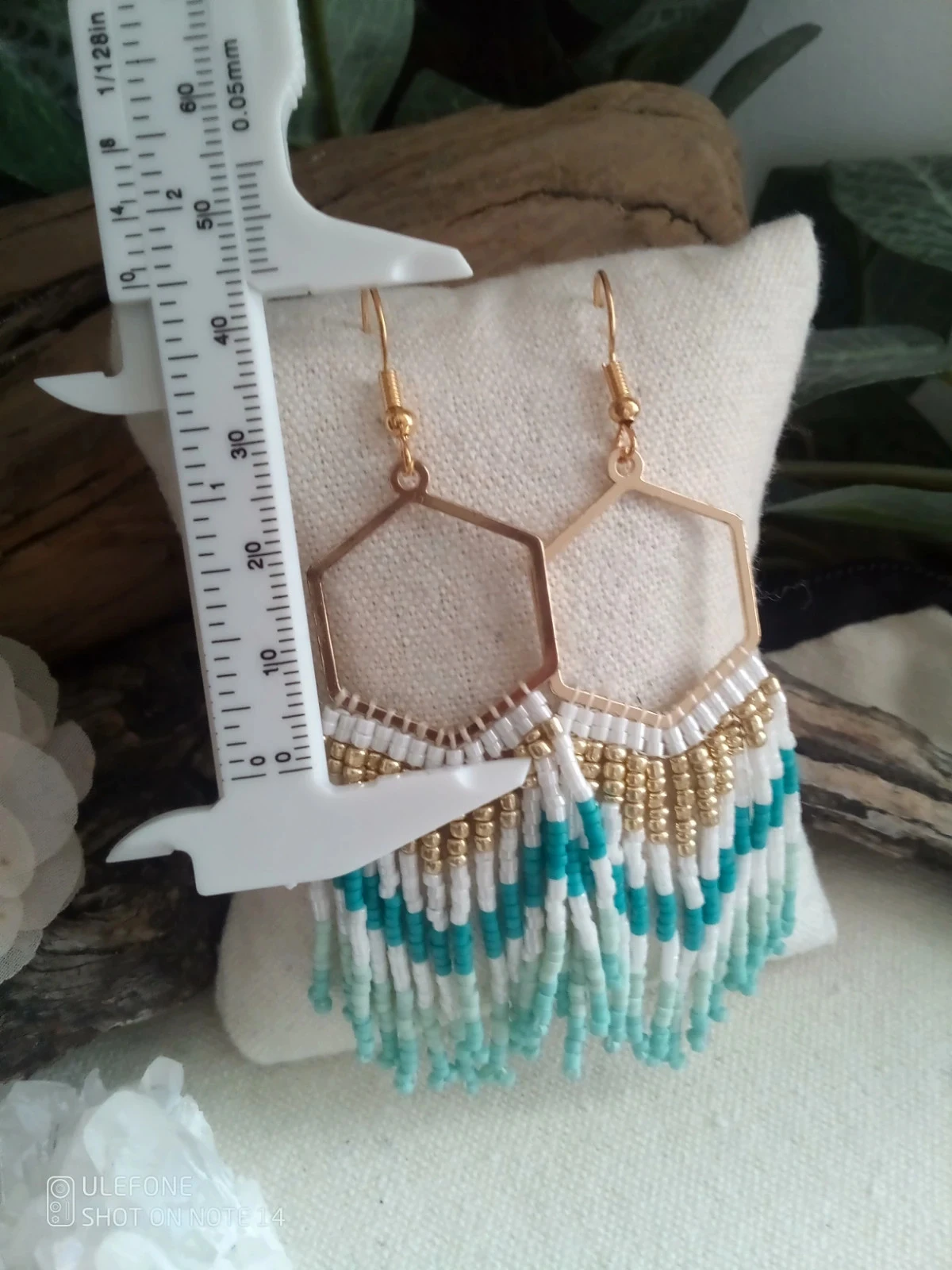 Pendientes bohemios hexagonales con flecos perlados – photo 2
